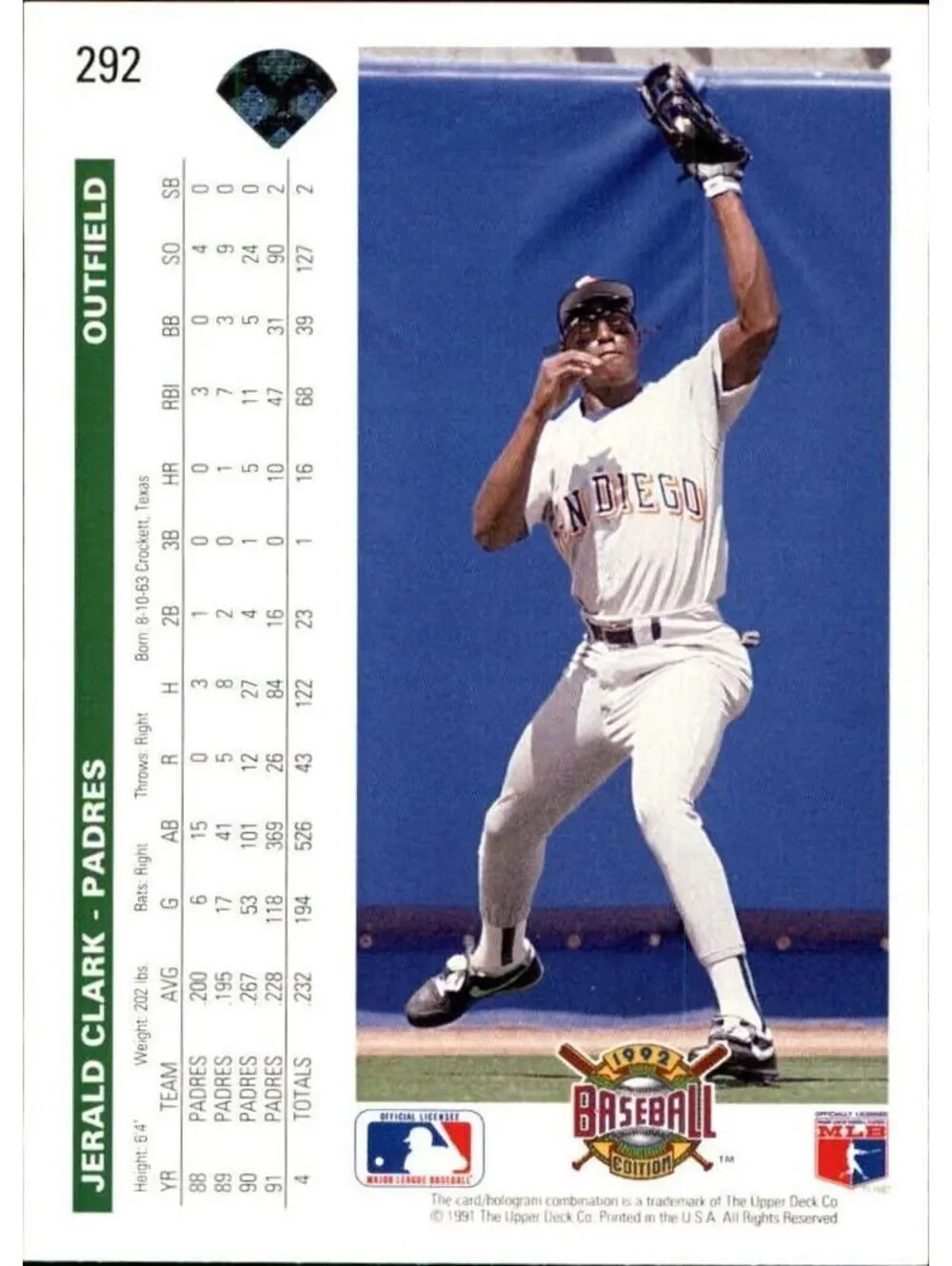 Jerald Clark 1992 Upper Deck MLB #292 Baseball Card San Diego Padres